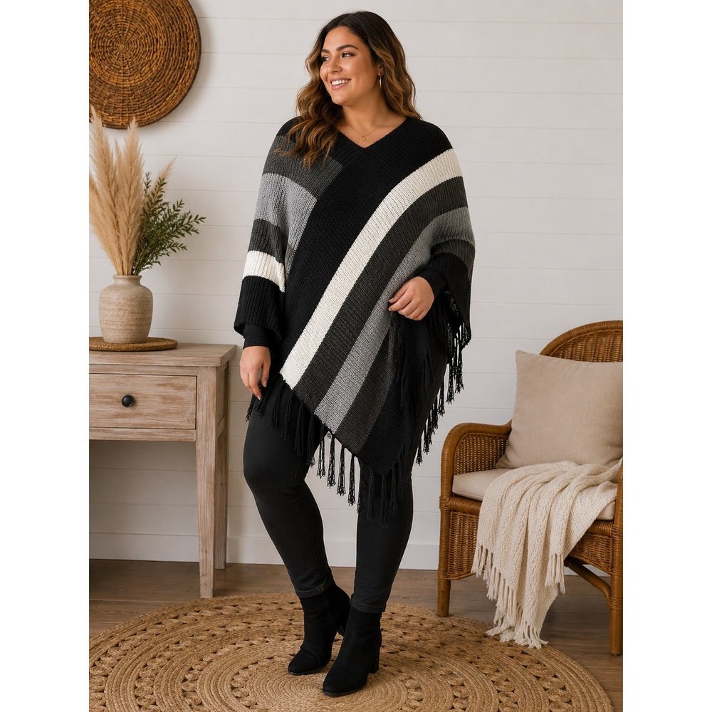 In'Voland Womens 16W Black Striped Knit Fringe Poncho Wrap Sweater V-Neck Plus